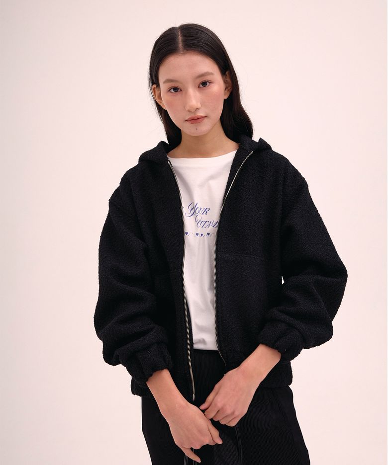 Tweed Hooded zip-up / Black