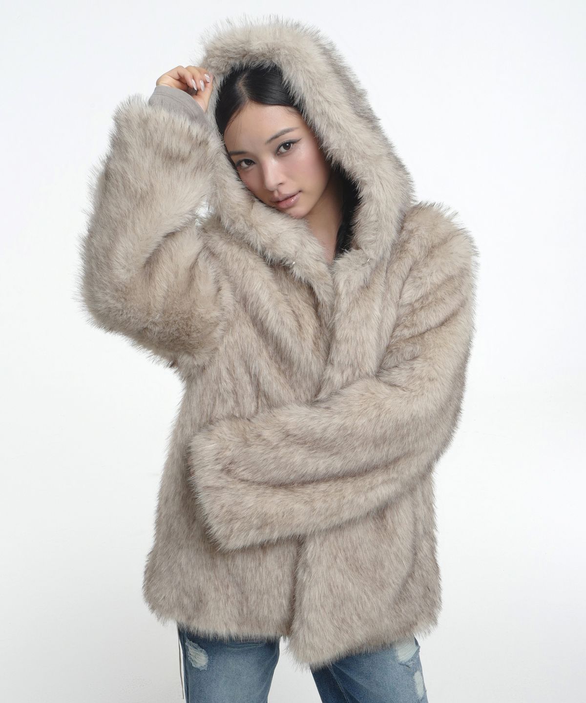 엔와이엑스엑스(NYXX) HOODED FUR COAT BEIGE
