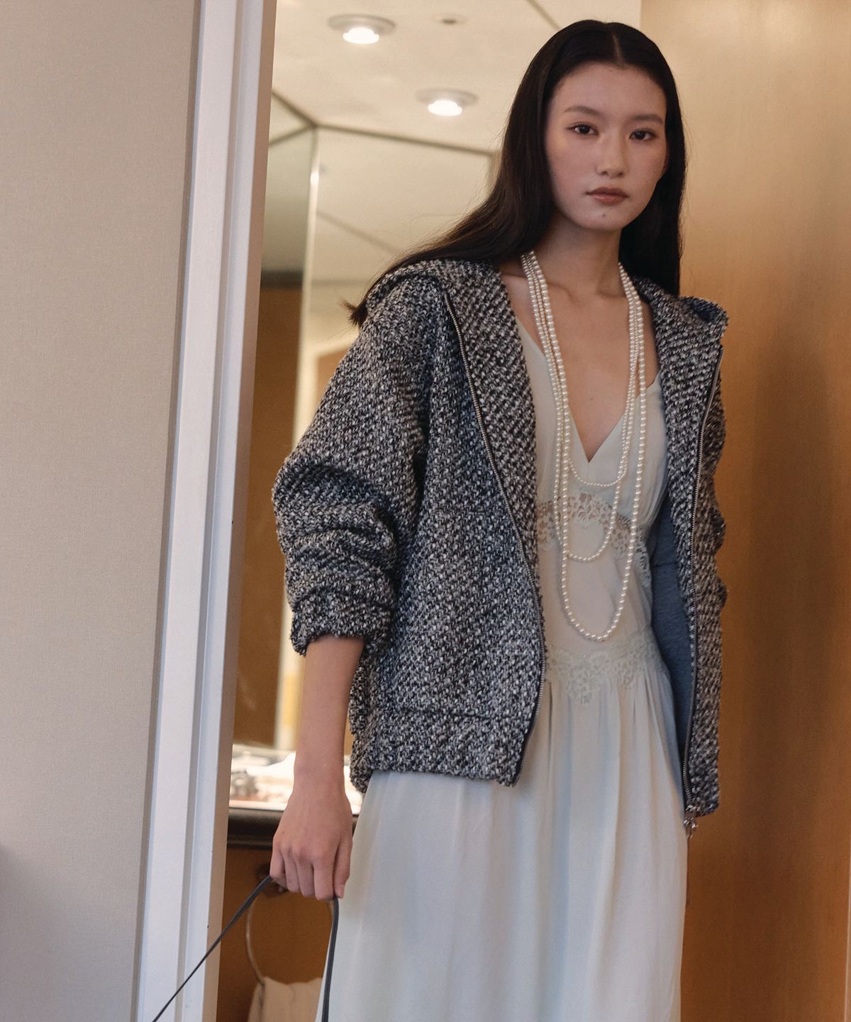 리모네(LEMONE) Tweed Hooded zip-up / Deep Gray