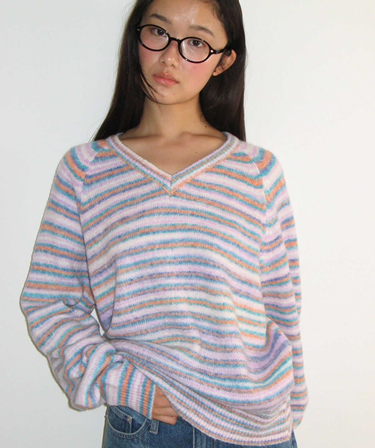 론론(RONRON) SOFT STRIPE V NECK KNIT PURPLE