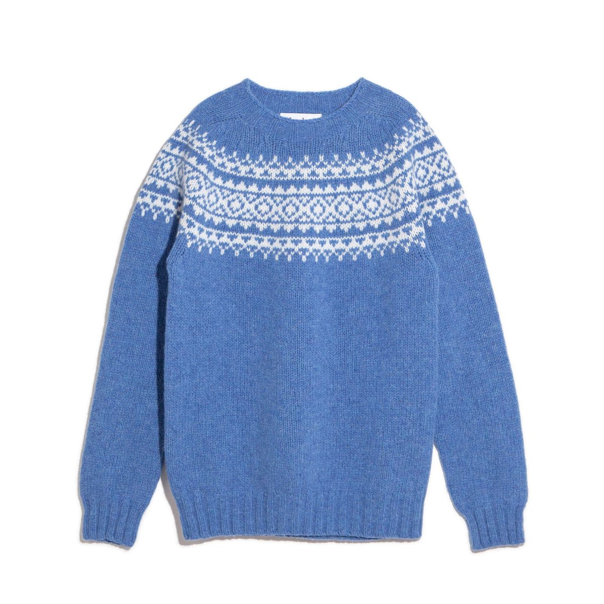 할리 오브 스코틀랜드(HARLEY OF SCOTLAND) Chunky Fairisle Yoke Crew Neck Sweater - Blue Toon / Winter White