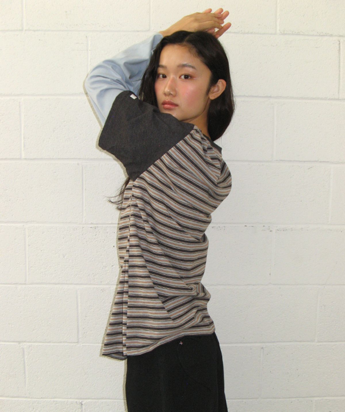 론론(RONRON) COLOR BLOCK STRIPE LAYERED LONG SLEEVE GREY