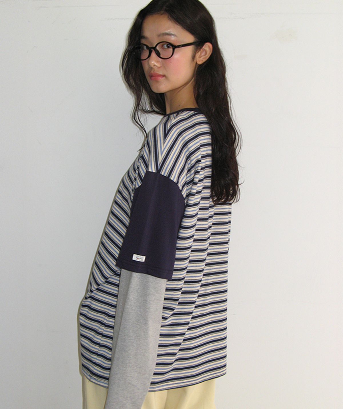 론론(RONRON) COLOR BLOCK STRIPE LAYERED LONG SLEEVE NAVY
