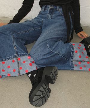 DOT ROLL UP DENIM PANTS MEDIUM BLUE