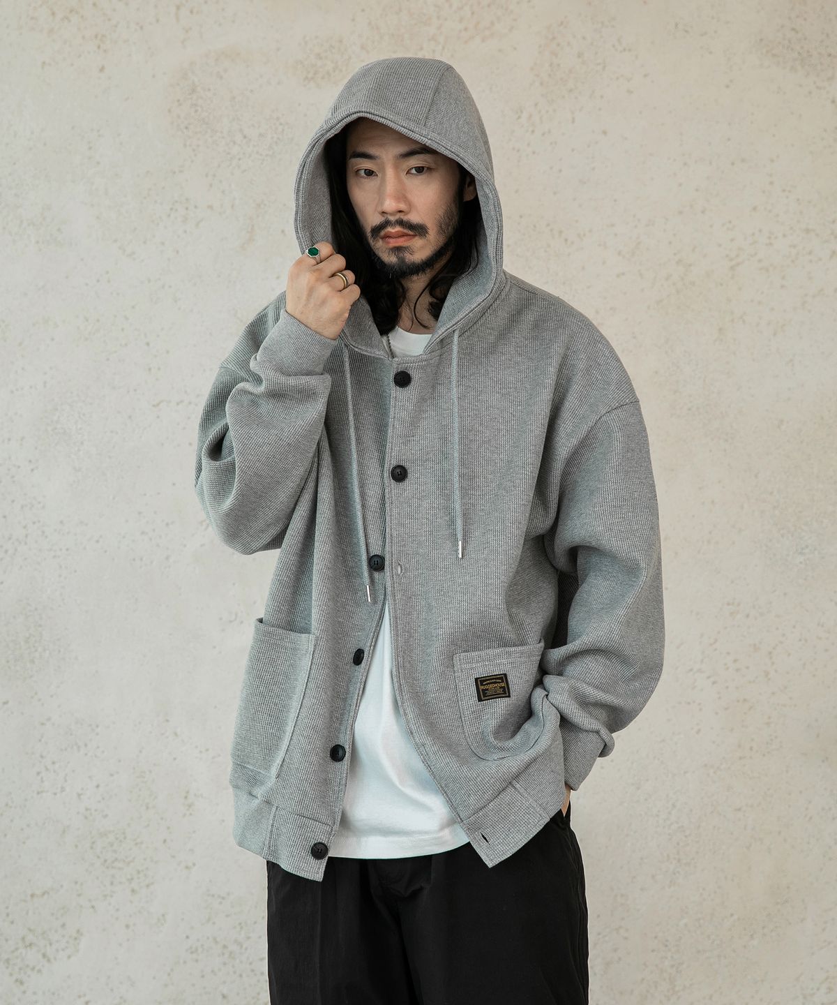 러기드하우스(RUGGED HOUSE) 버튼다운 와플 스웨트 후드 가디건 2컬러