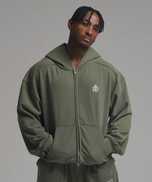 피그먼트 오버핏 절개 2WAY 후드 집업 - 카키