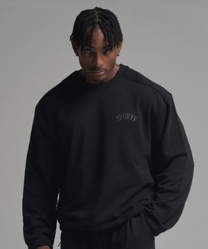 피그먼트 오버핏 절개 스트링 맨투맨 - 블랙