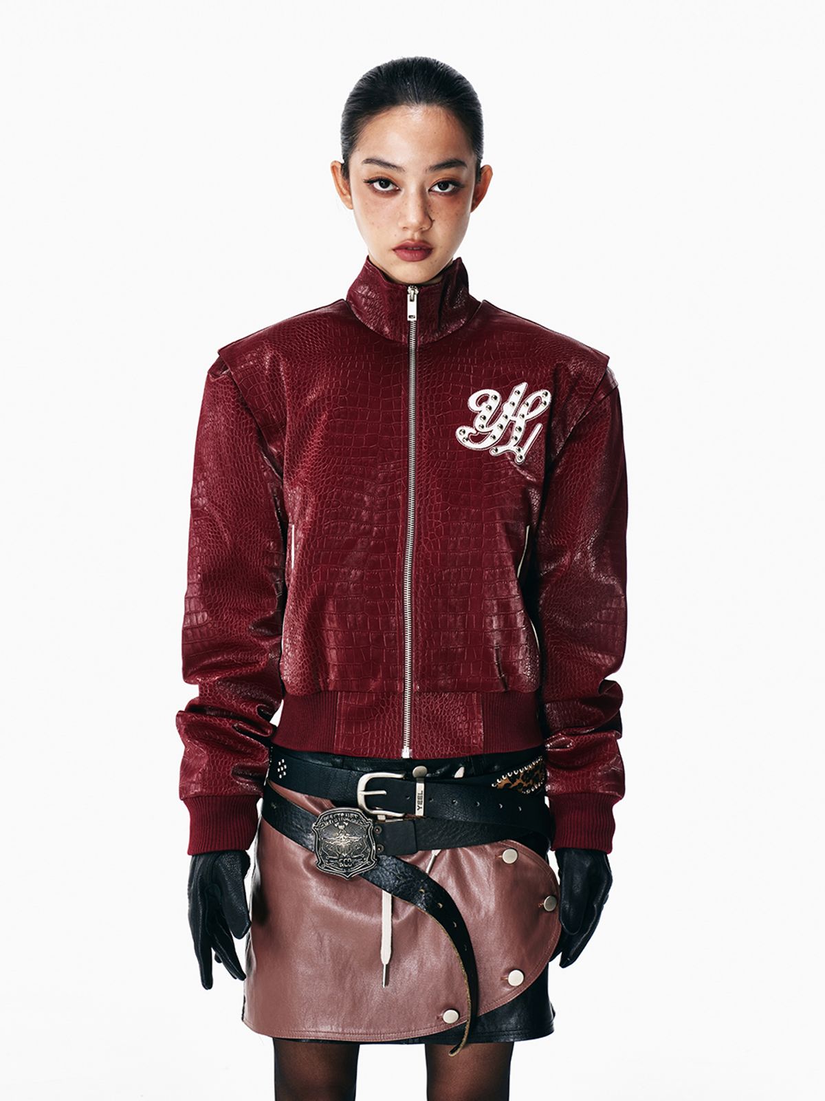 와이이이엘(YEEL) FAUX CROCODILE LEATHER WINGED JACKET WINE