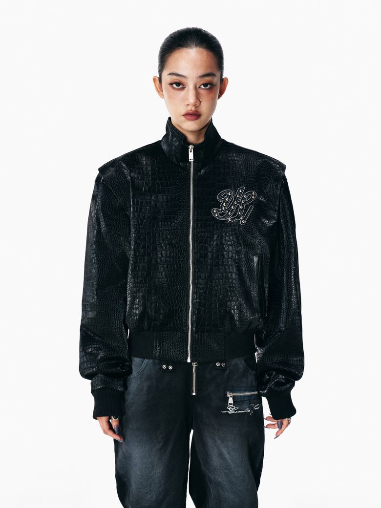 FAUX CROCODILE LEATHER WINGED JACKET BLACK