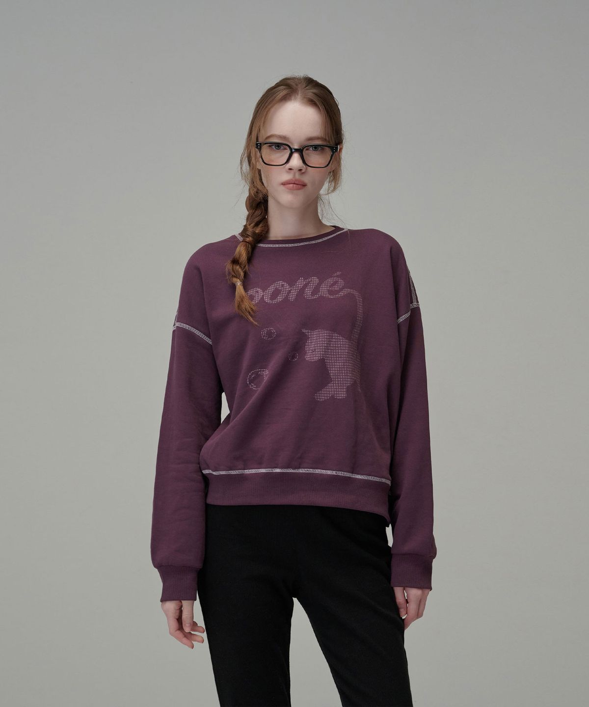 우네(OONE) ASCII Cat Stitch Sweatshirt_Deep Purple