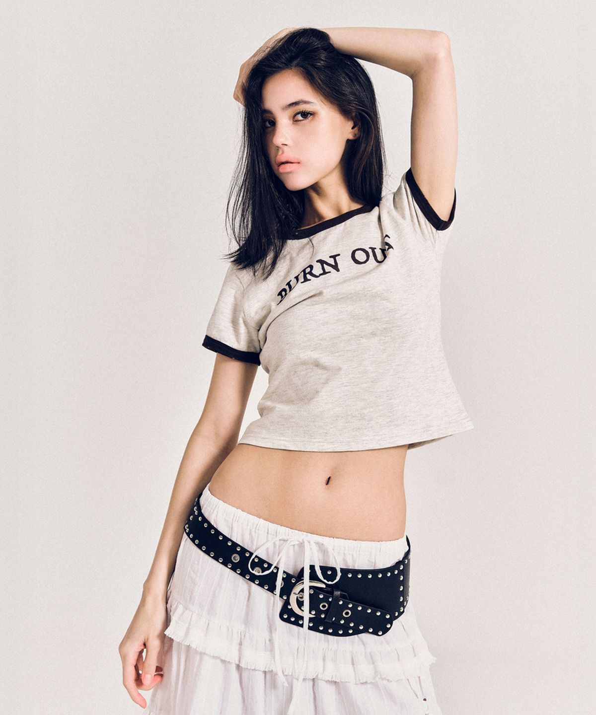 레뷰라(REVURA) BURN OUT FRAY RINGER T-SHIRT (W) - OATMEAL / BROWN