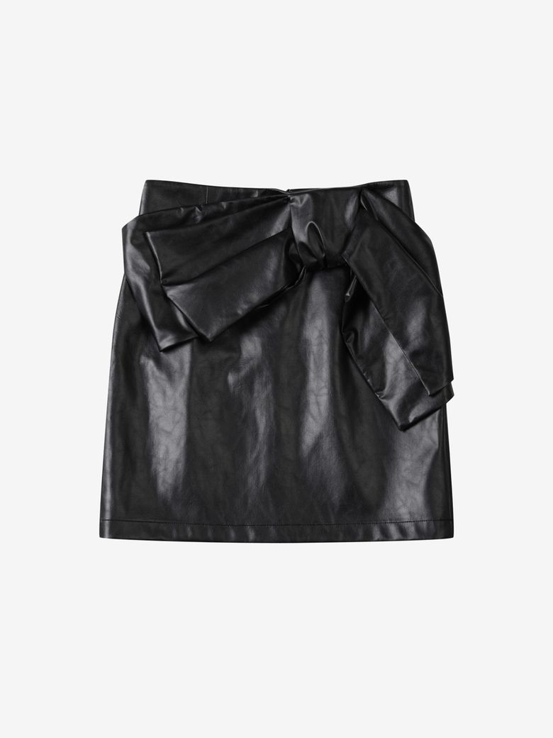 FAKE LEATHER RIBBON MINI SKIRT_BLACK