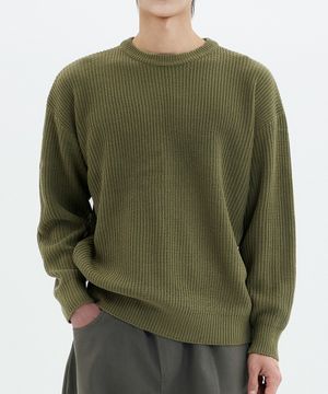 세미 크롭 니트 라운드 넥 풀오버 올리브 그린