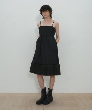 Fur Trim Baby-doll Padding Dress / Black