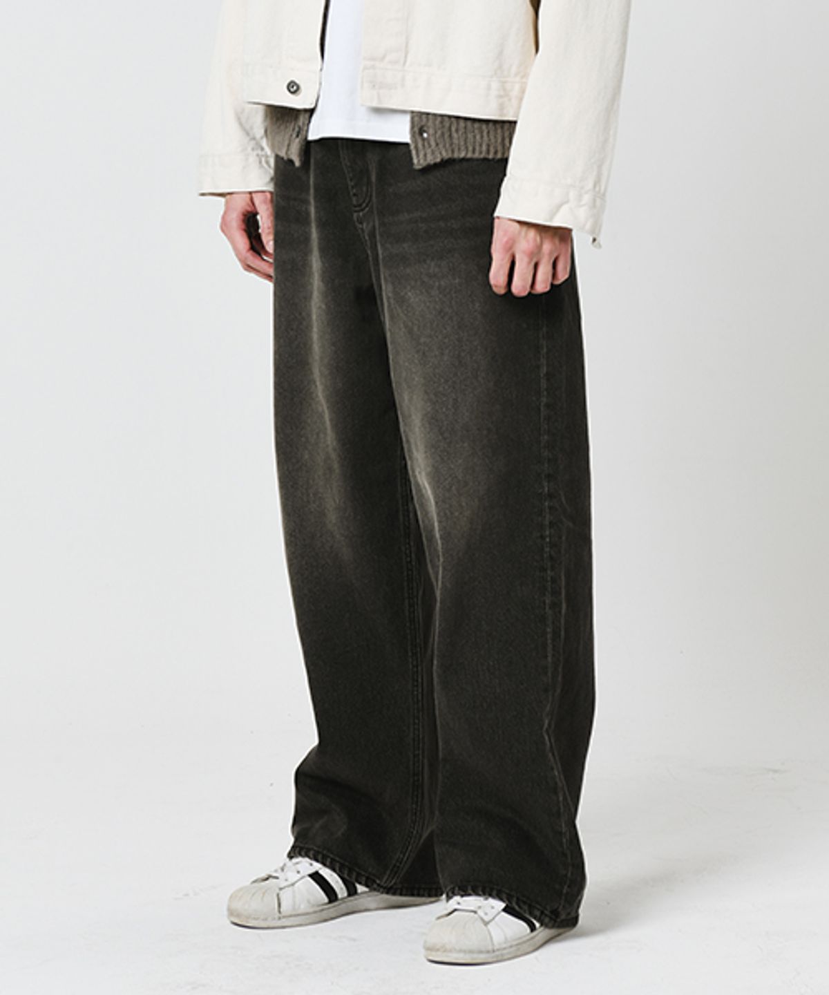 프레스톤즈(PRESTONS) PT 840 WB Wide Straight Washed Denim (Washed Black)