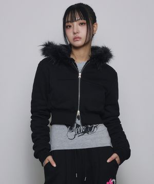 크롭 퍼 투웨이 후드 집업[블랙]