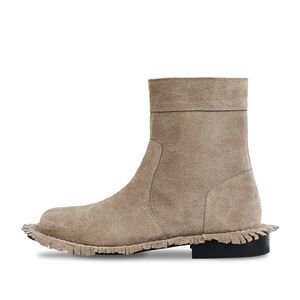 Fringe side zip-up middle boots_Sand