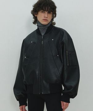 UNISEX, 4 Pocket Vegan Leather MA-1 Jacket / Black