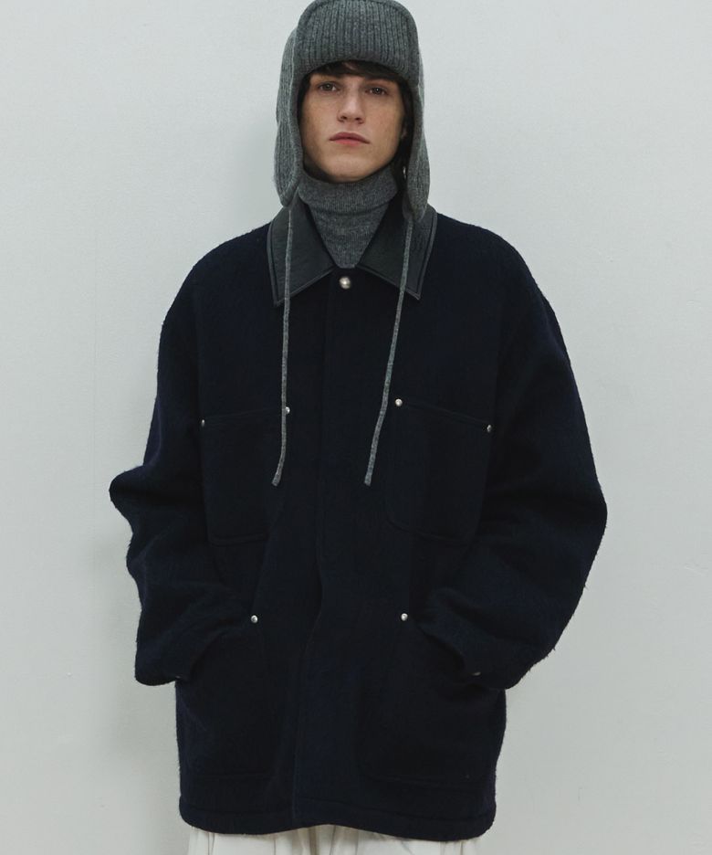 UNISEX, Studed Wool Half Coat / Navy