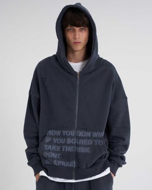 빈티지 레터링 데미지 양기모 후드집업 네이비