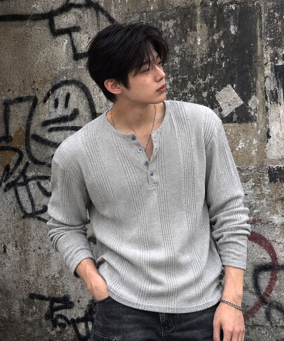 엑스오엑스(XOX) 리브드 헨리넥 긴팔 티셔츠[M/GREY]