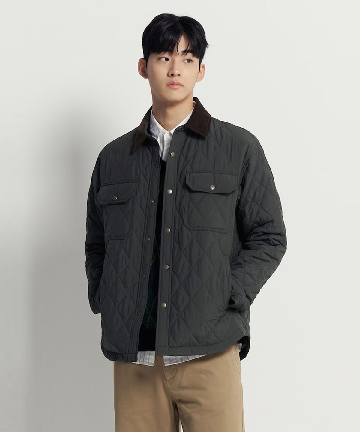 빈폴 멘(BEANPOLE MEN) 다이아 퀼팅 패딩 셔츠  카키