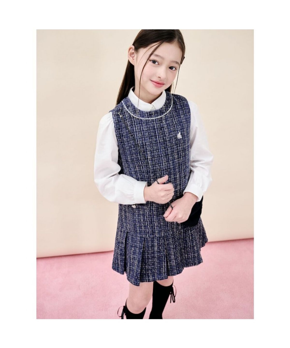 빈폴 키즈(BEANPOLE KIDS) [러블리 빙키 걸즈] 클래식 베스트형 트위드 원피스&퍼 가방 세트 - 네이비 (BI5X71G01R)