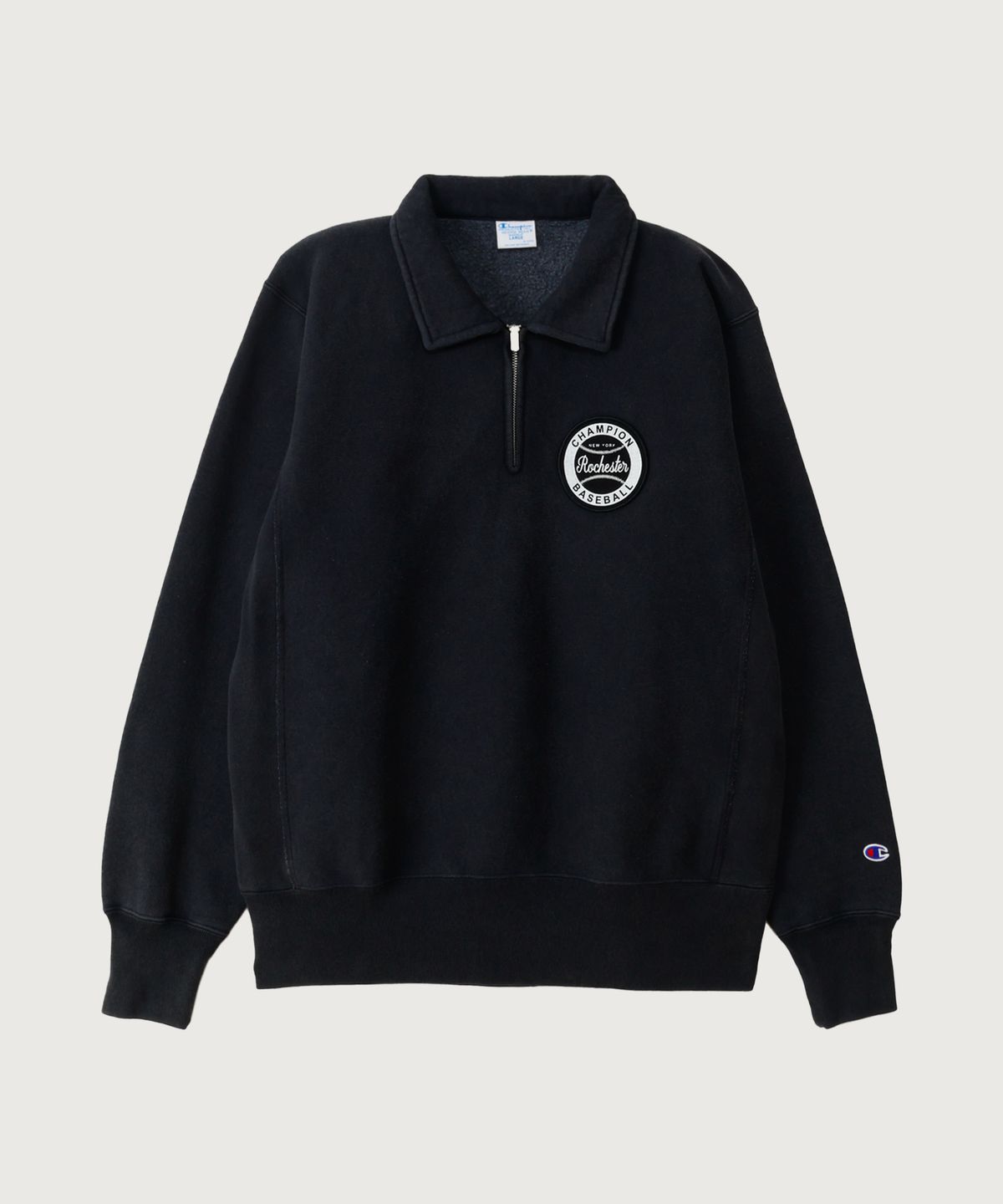 챔피온(CHAMPION) 리버스위브 BASEBALL 패치 레귤러핏 기모 하프 집업 Off Black