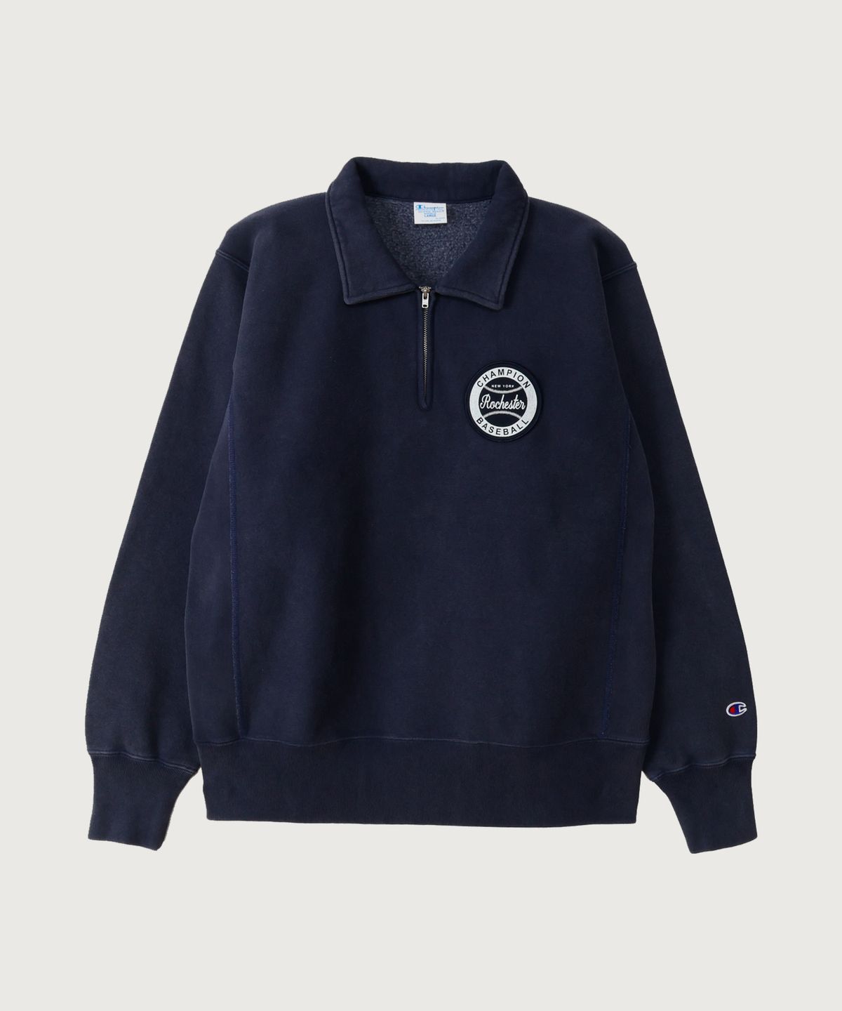 챔피온(CHAMPION) 리버스위브 BASEBALL 패치 레귤러핏 기모 하프 집업 Midnight Blue
