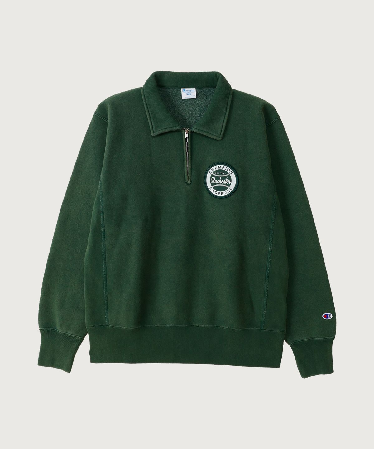 챔피온(CHAMPION) 리버스위브 BASEBALL 패치 레귤러핏 기모 하프 집업 Deep Green