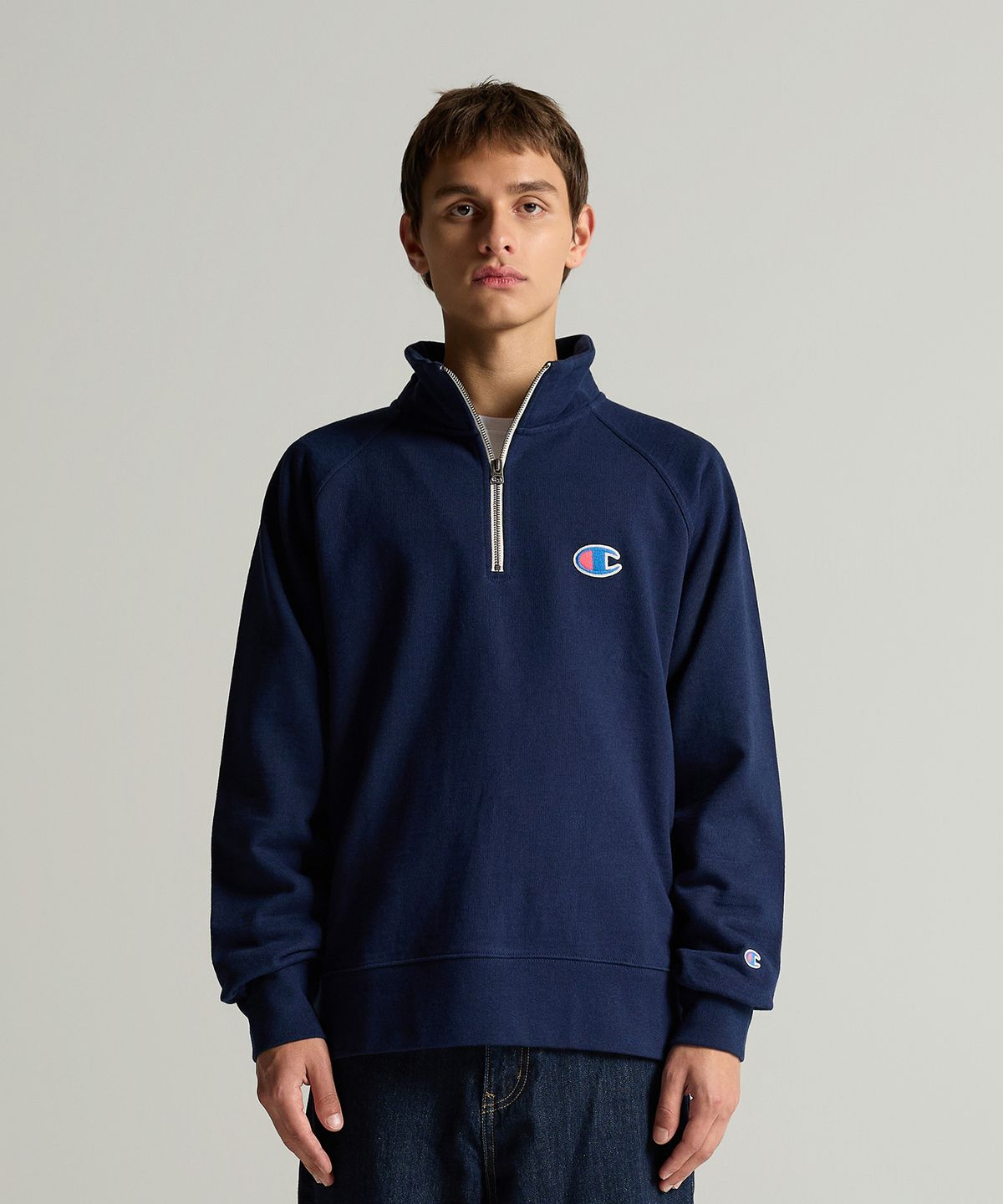 챔피온(CHAMPION) 헤리티지 로고 루즈핏 하프 집업 Navy