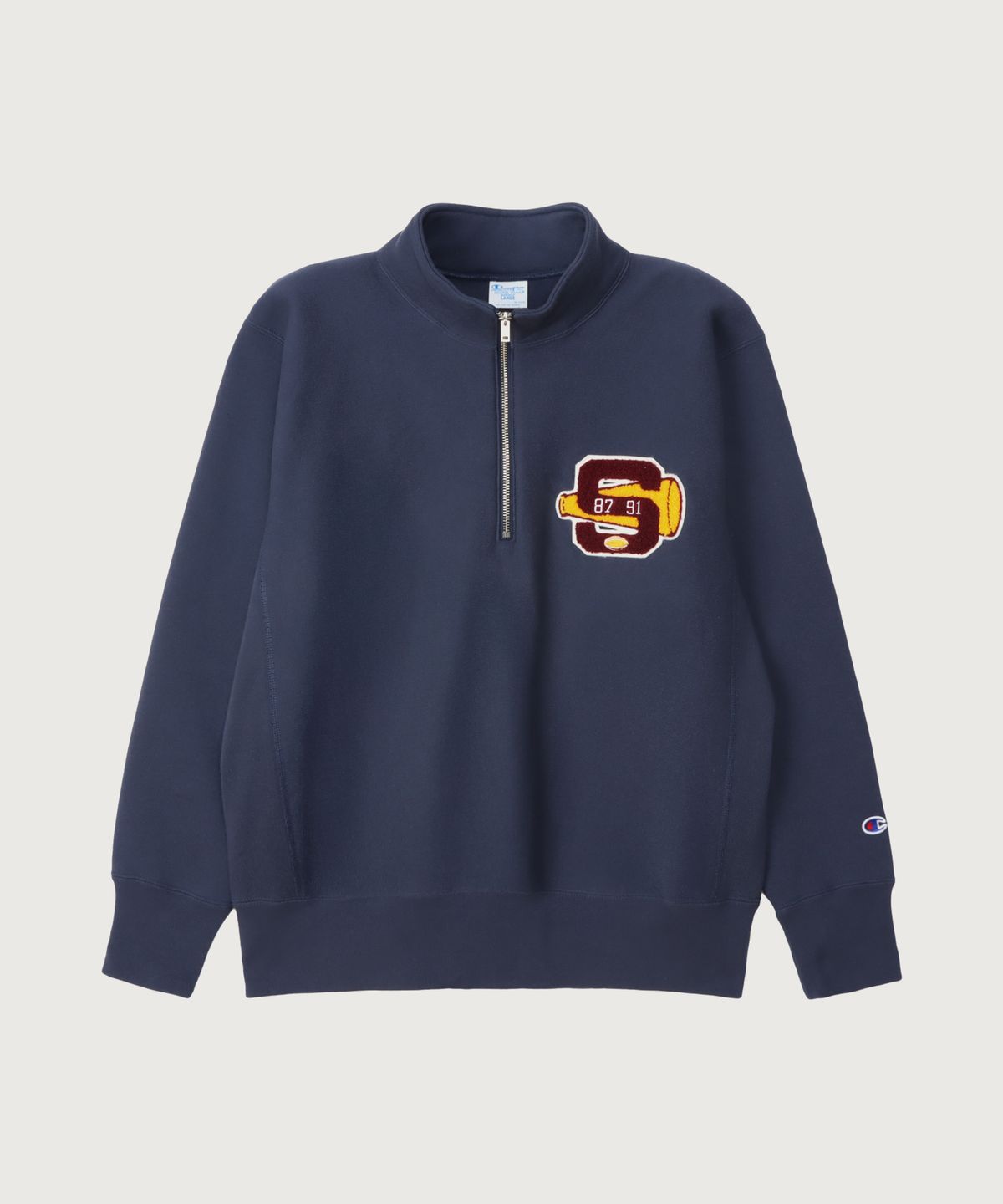 챔피온(CHAMPION) 리버스위브 블루택 루즈핏 컬리지 하프 집업 Dark Navy
