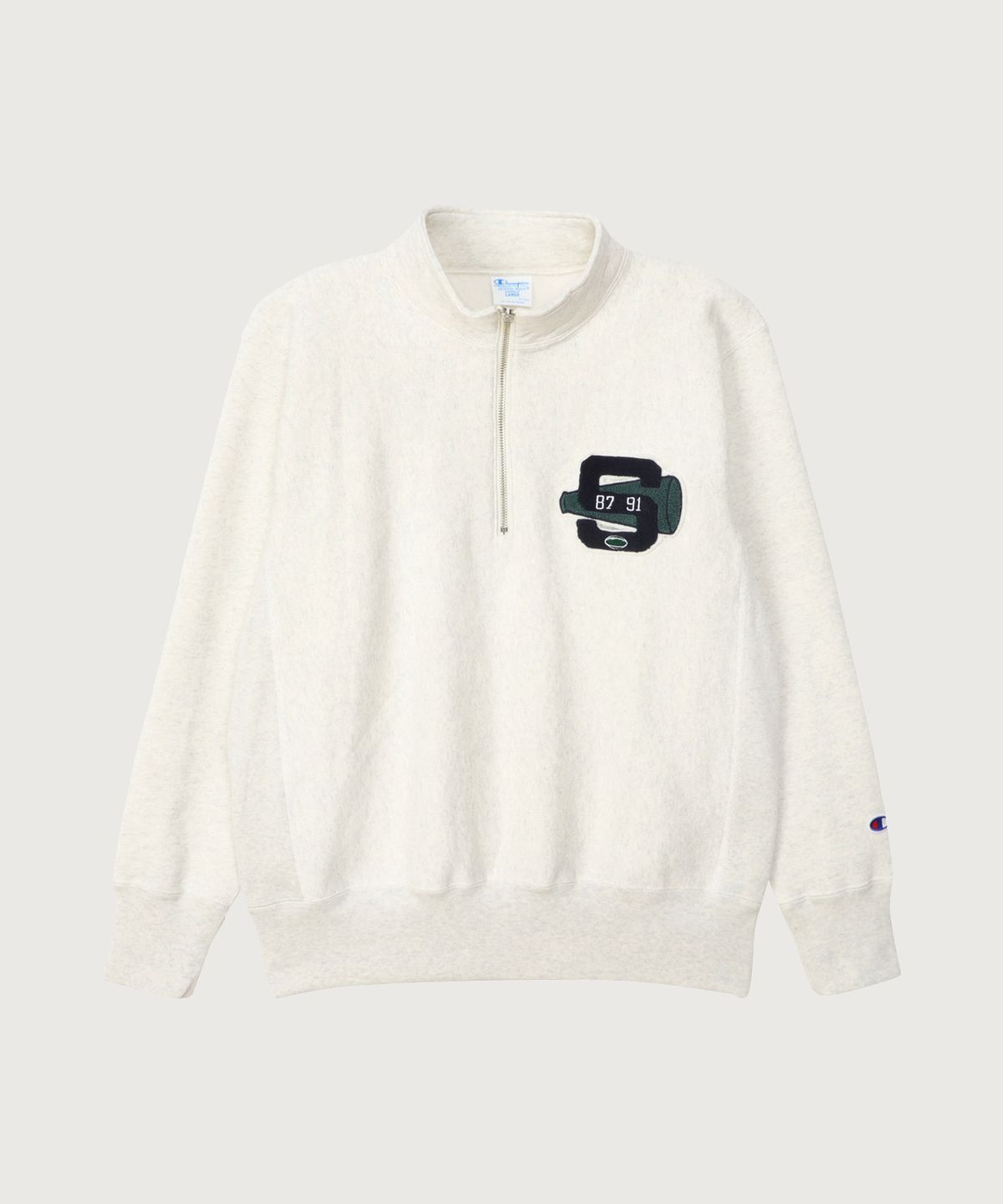 챔피온(CHAMPION) 리버스위브 블루택 루즈핏 컬리지 하프 집업 Oatmeal