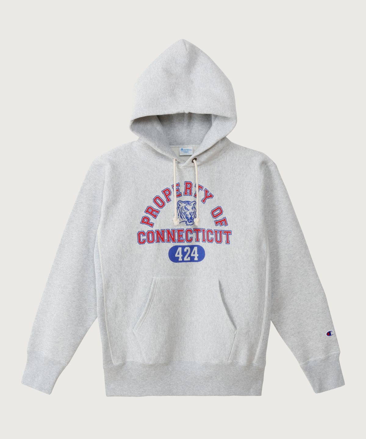 챔피온(CHAMPION) 리버스위브 블루택 루즈핏 컬리지 후드 티셔츠 Silver Grey