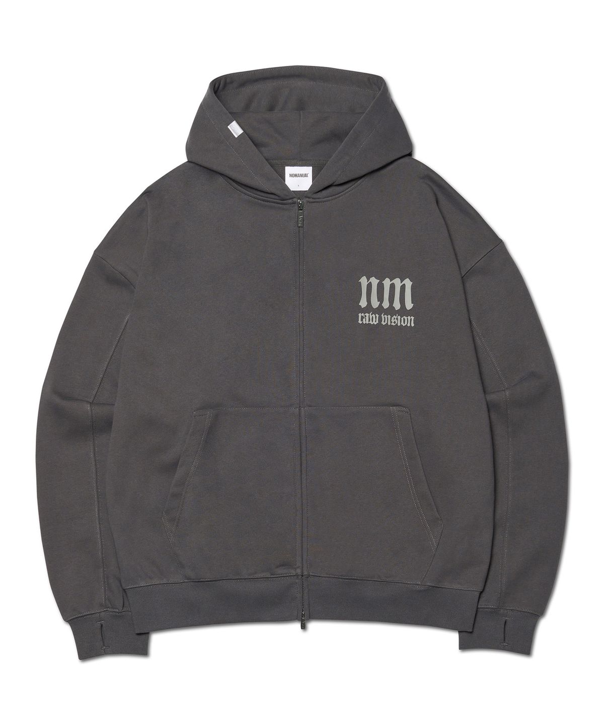 노매뉴얼(NOMANUAL) R.V ARCH LOGO HOODED ZIP-UP - CHARCOAL