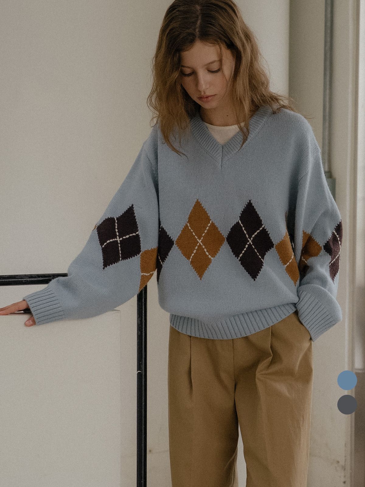 틸아이다이(TILL I DIE) Wool blended argyle v-neck knit [TIWT02SW05]_2color