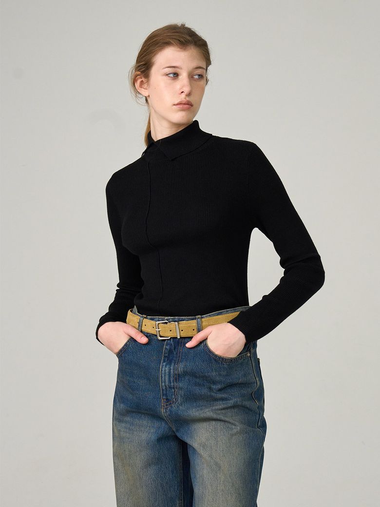 Cut-Out Half-Neck Slim Knit Top (2color)