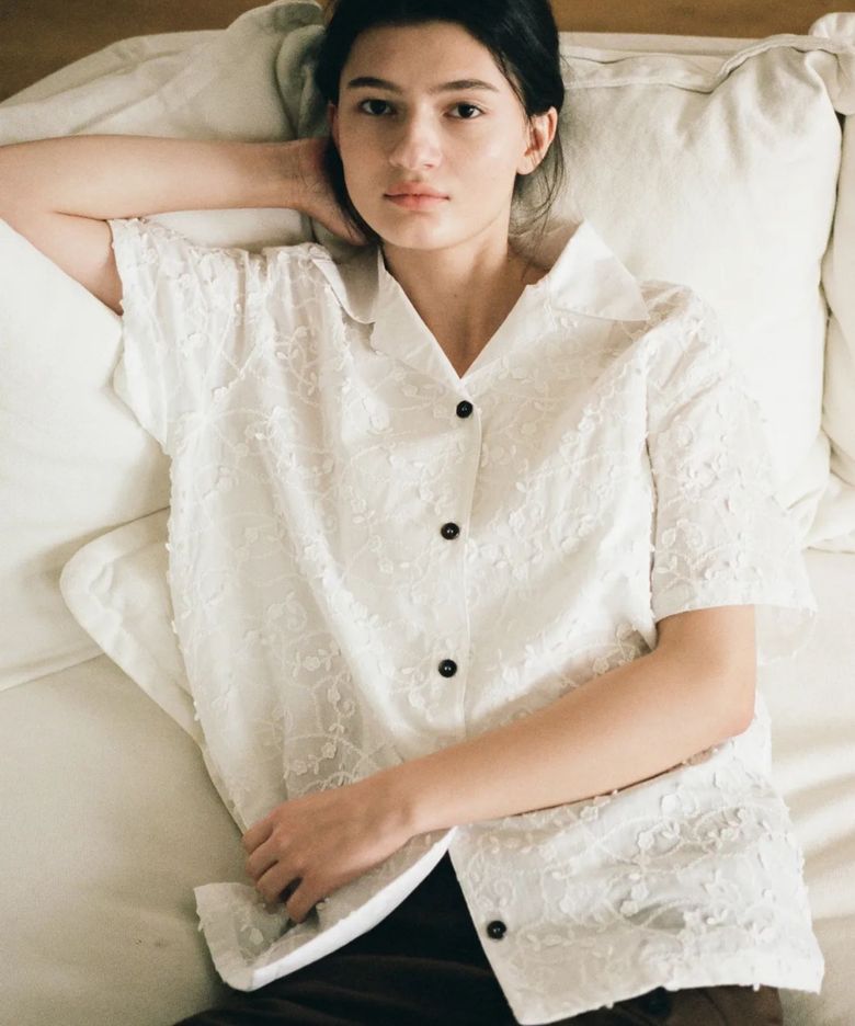 Flower Trimming Oversized Shirt, White