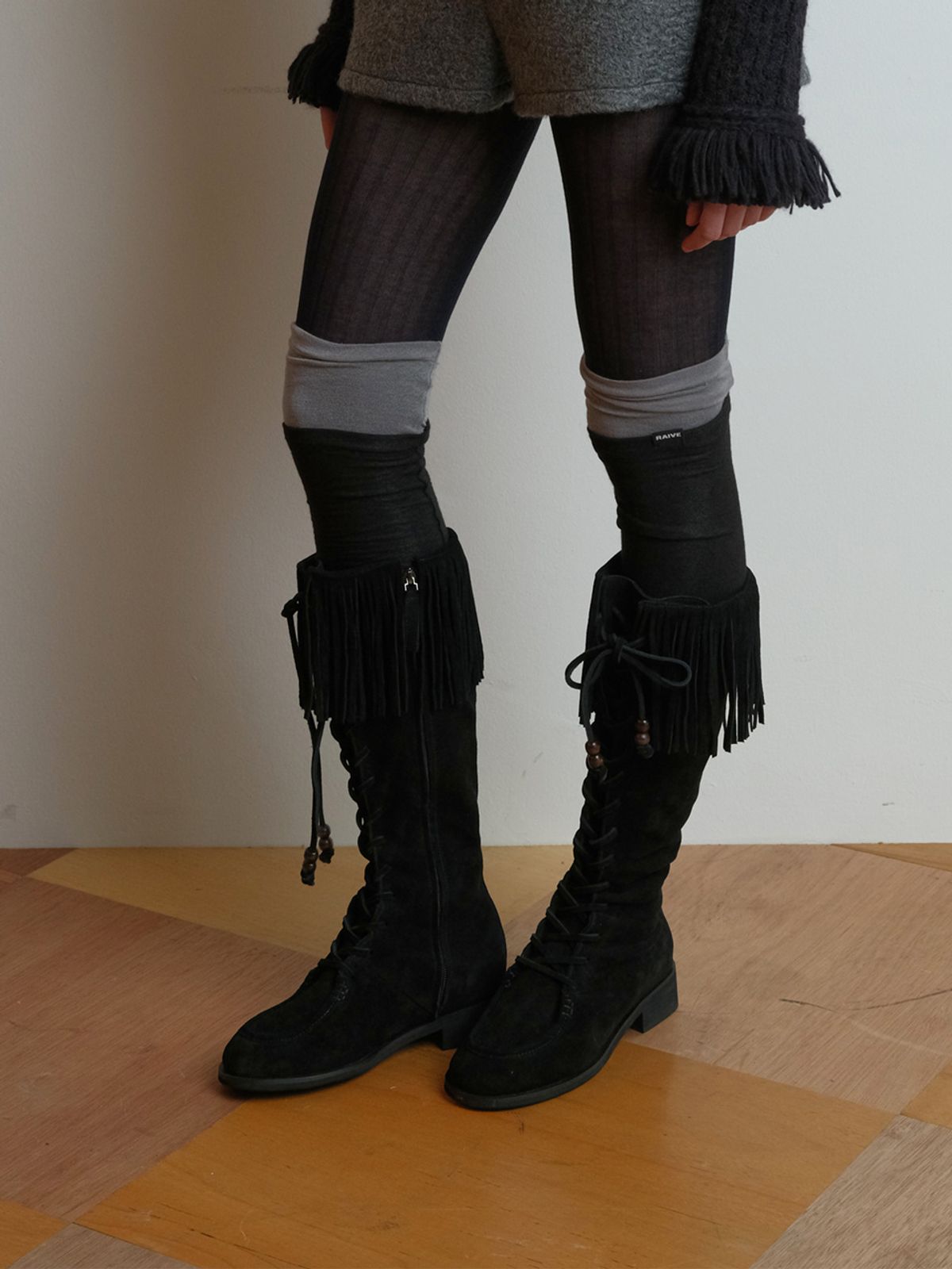 레이브(RAIVE) Novah Fringe Long Boots in Noir WA5AD008-FH