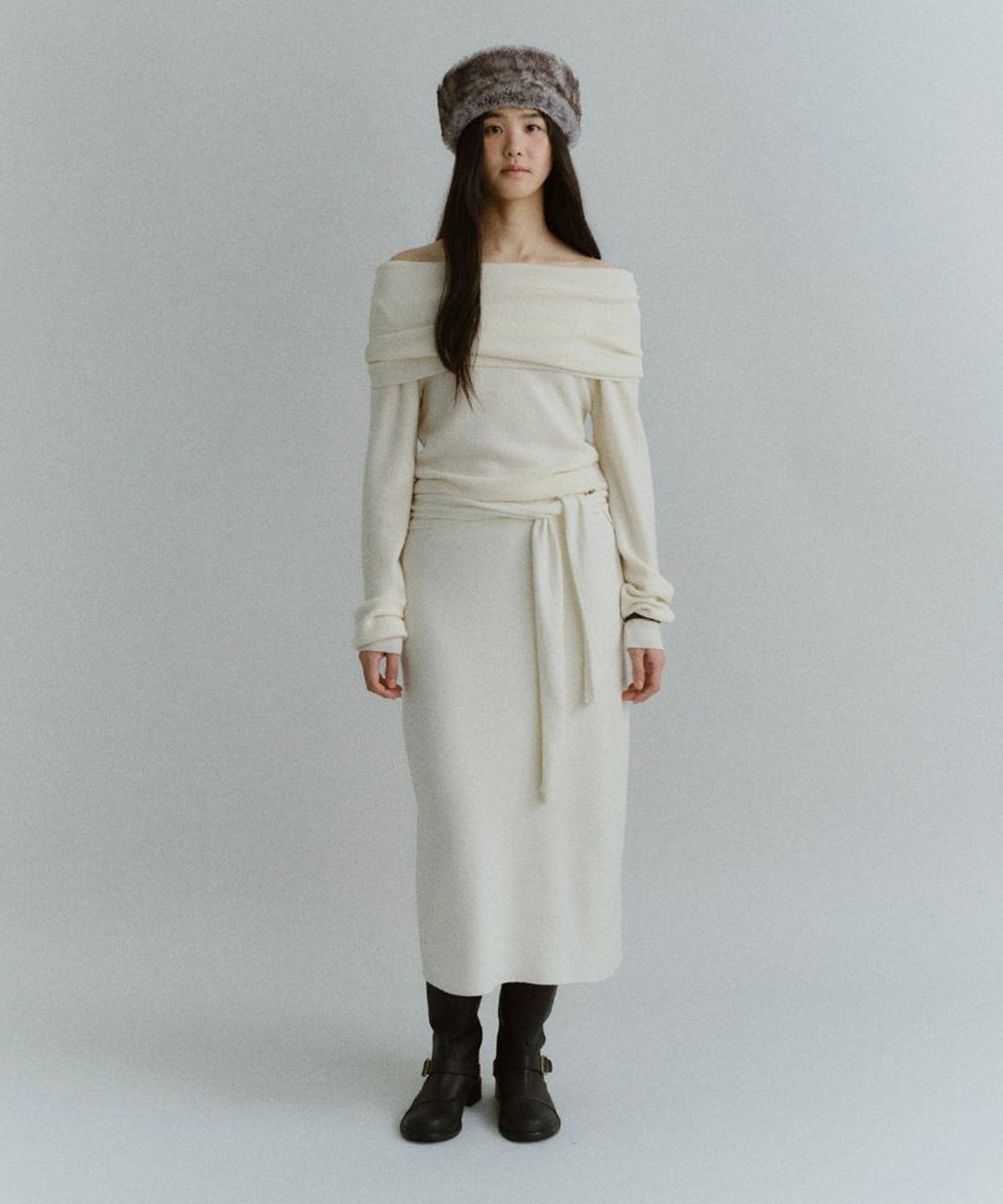호와스(HOWUS) LAYERED WOOL KNIT SKIRT (IVORY)