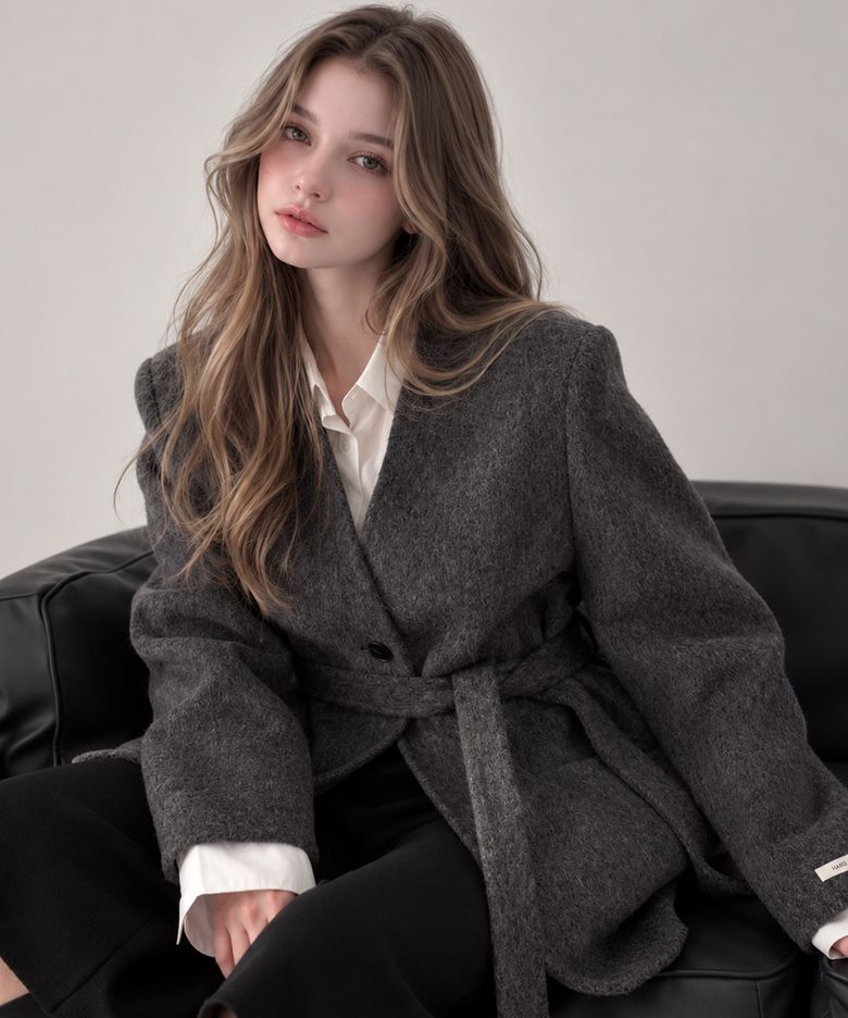 Handmade Collarless Belted Wool Jacket (3colors)