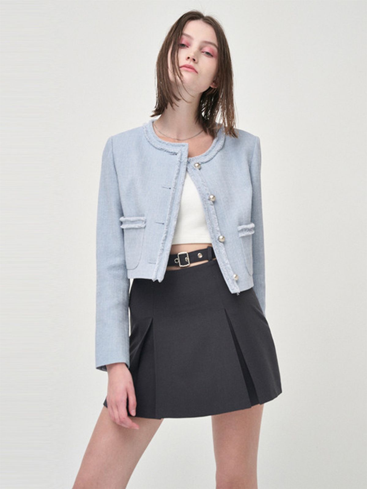 에트몽(ETMON) [리퍼브 특가] Fringe Detail Tweed Jacket, Sky Blue