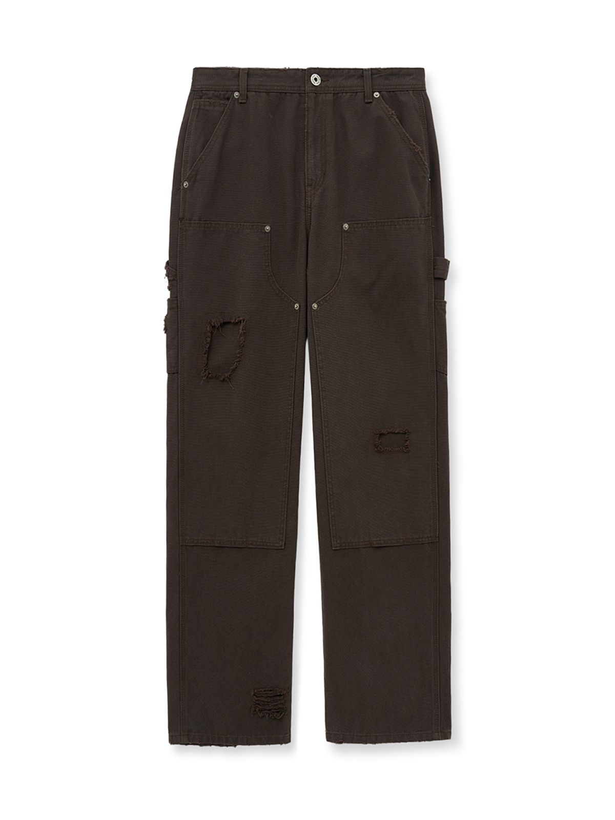 마뗑킴(MATIN KIM) DISTRESSED DOUBLE KNEE WORK PANTS FOR MEN IN BROWN