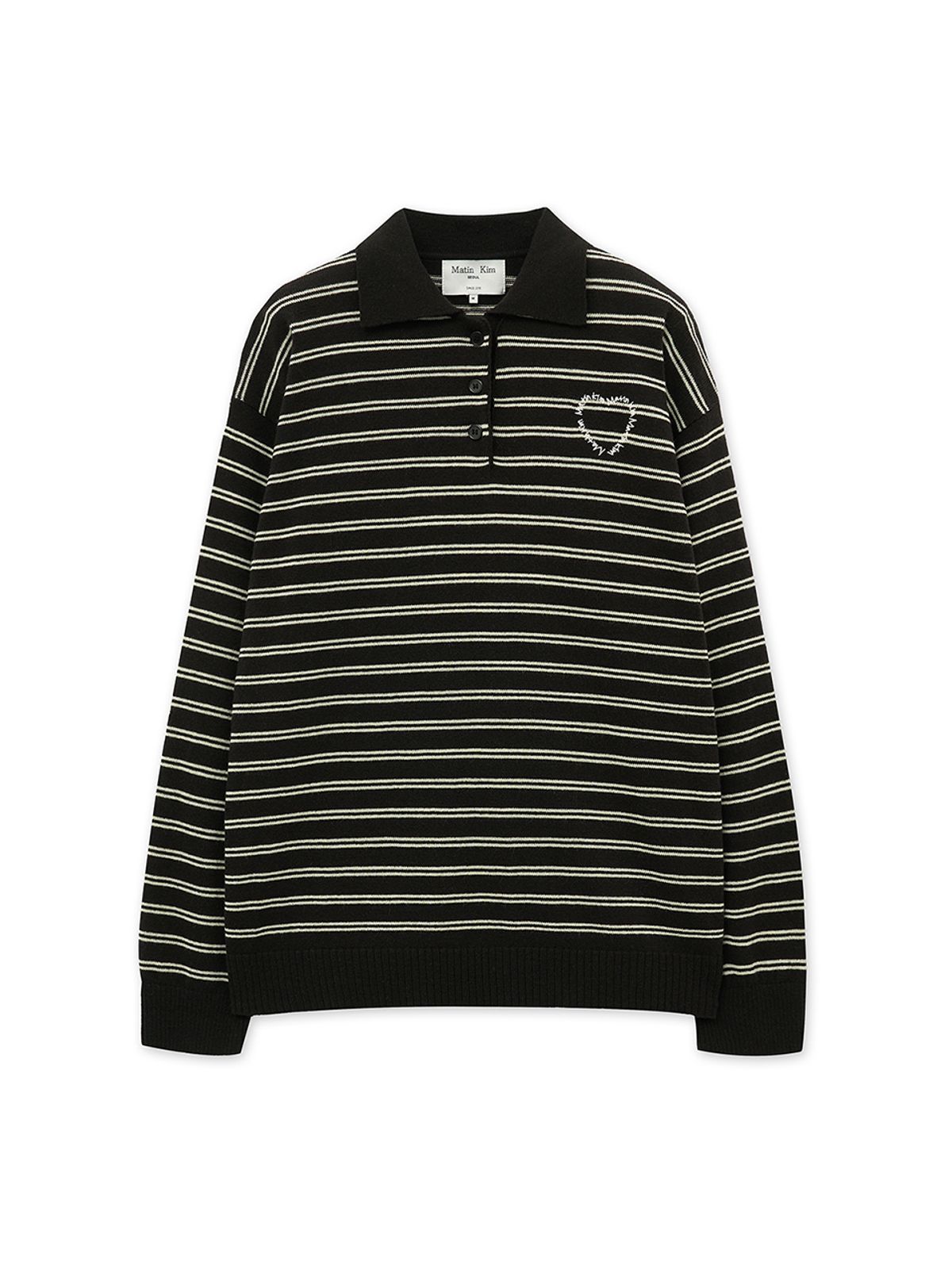마뗑킴(MATIN KIM) HEART LOGO COLLAR STRIPED PULLOVER IN BROWN