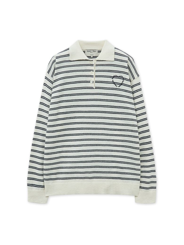 HEART LOGO COLLAR STRIPED PULLOVER IN IVORY