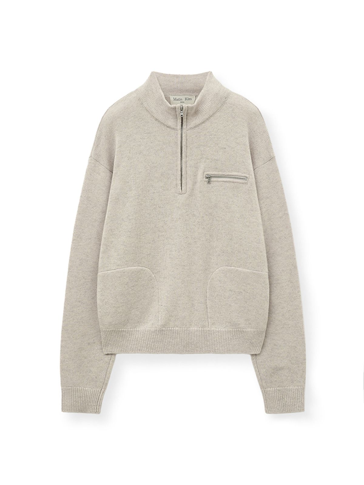 마뗑킴(MATIN KIM) BACK LOGO HALF KNIT ZIP UP PULLOVER FOR WOMEN IN LIGHT BEIGE