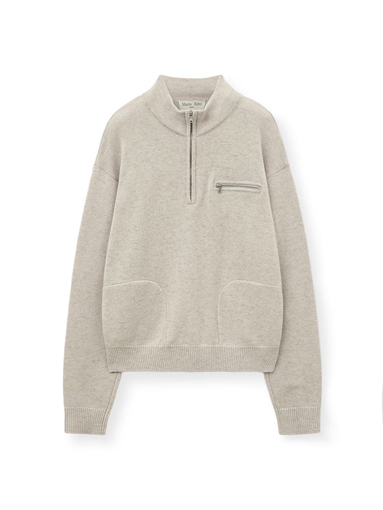 BACK LOGO HALF KNIT ZIP UP PULLOVER FOR WOMEN IN LIGHT BEIGE