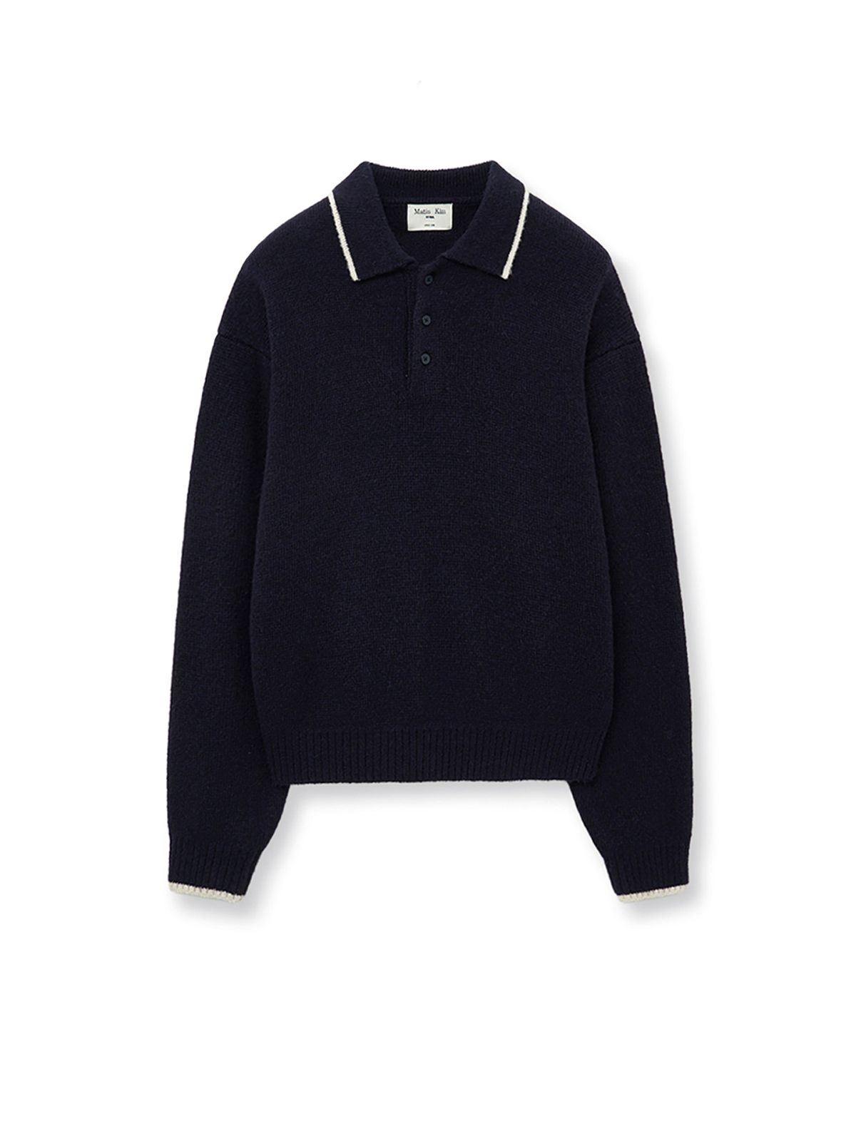 마뗑킴(MATIN KIM) BACK LOGO COLLAR KNIT TOP FOR MEN IN DARK NAVY