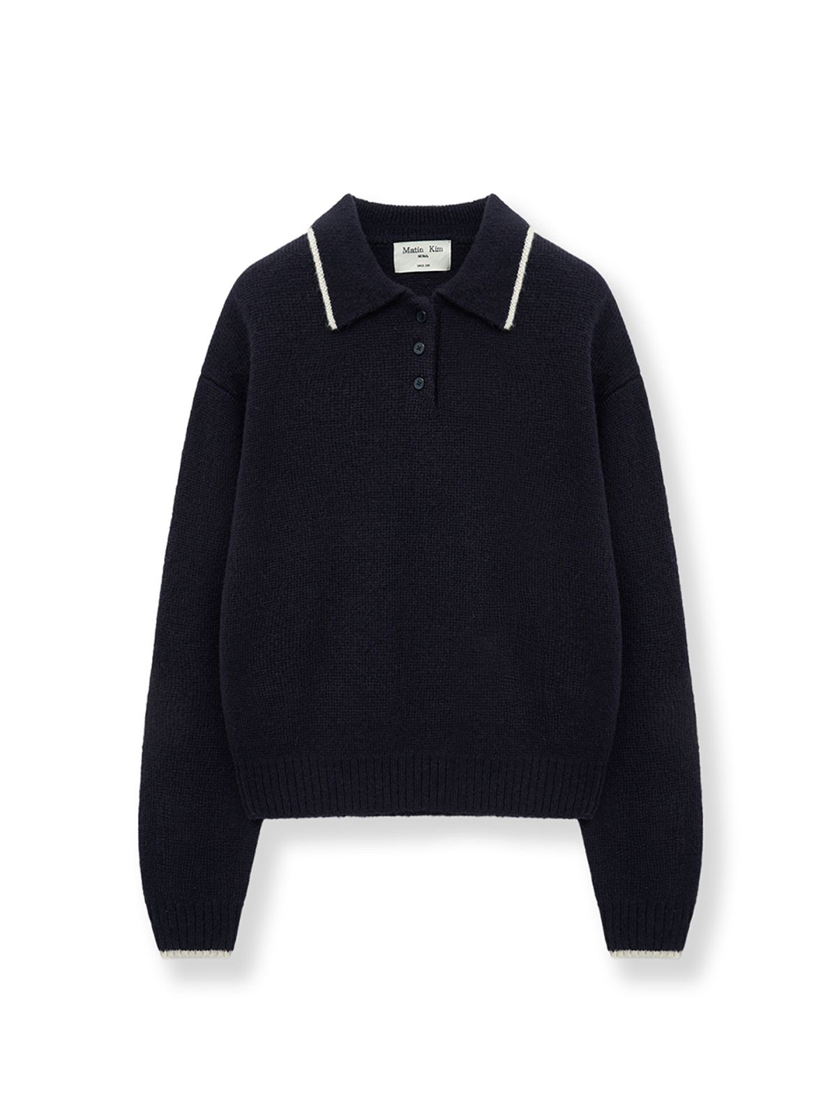 마뗑킴(MATIN KIM) BACK LOGO COLLAR KNIT TOP FOR WOMEN IN DARK NAVY