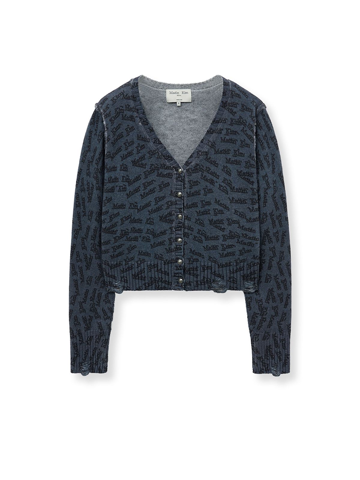 마뗑킴(MATIN KIM) ALL OVER LOGO CROP CARDIGAN IN NAVY